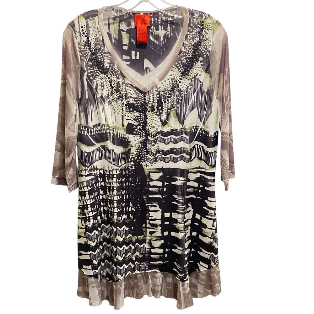 V Christina Black Green White Tunic M Mini Dress Embellished w/Studs CHIFFON